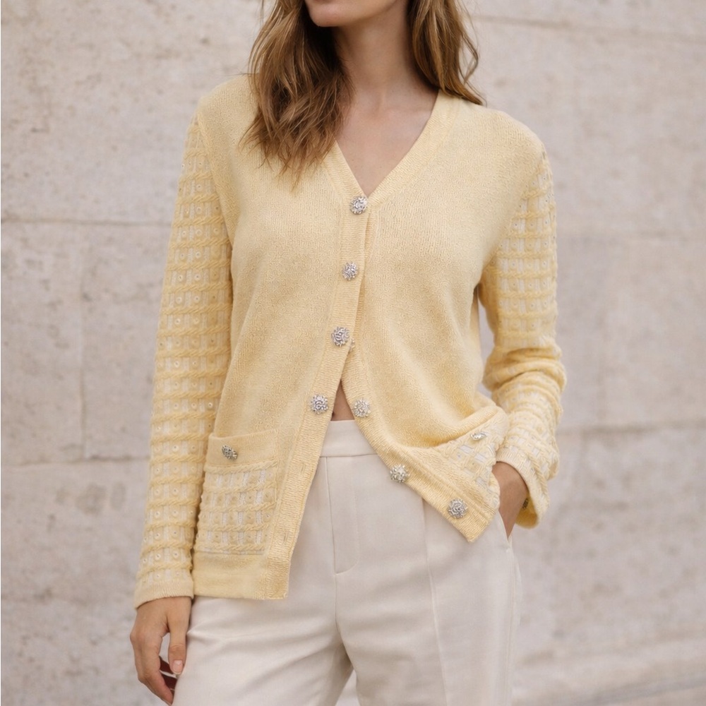 ST. JOHN EVENING by Marie Gray Embellished Santana Knit Cardigan – Soft Yellow
